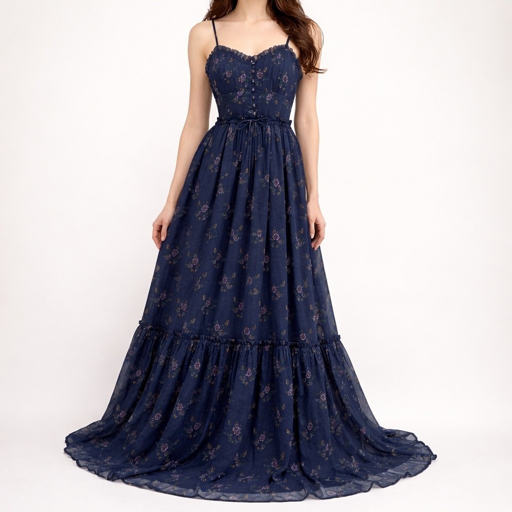 Patrons of Peace Maxi Dress Navy Floral Boho Smocked Ruffle Cottagecore Flowy M